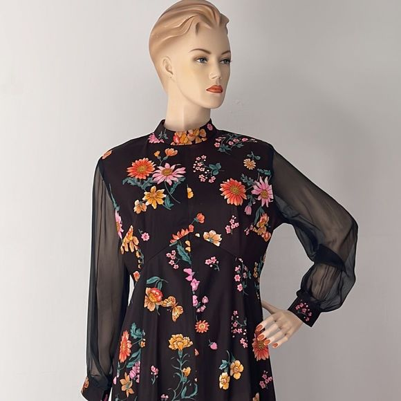 Vintage 70s Floral and Black Long Sleeve Sheer Maxi Dress - Picture 9 of 16